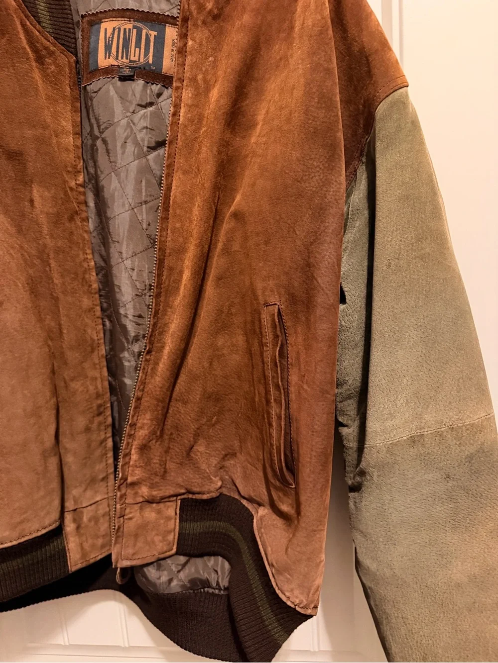Winlit Brown Suede Bomber Jacket with Olive Sleeves